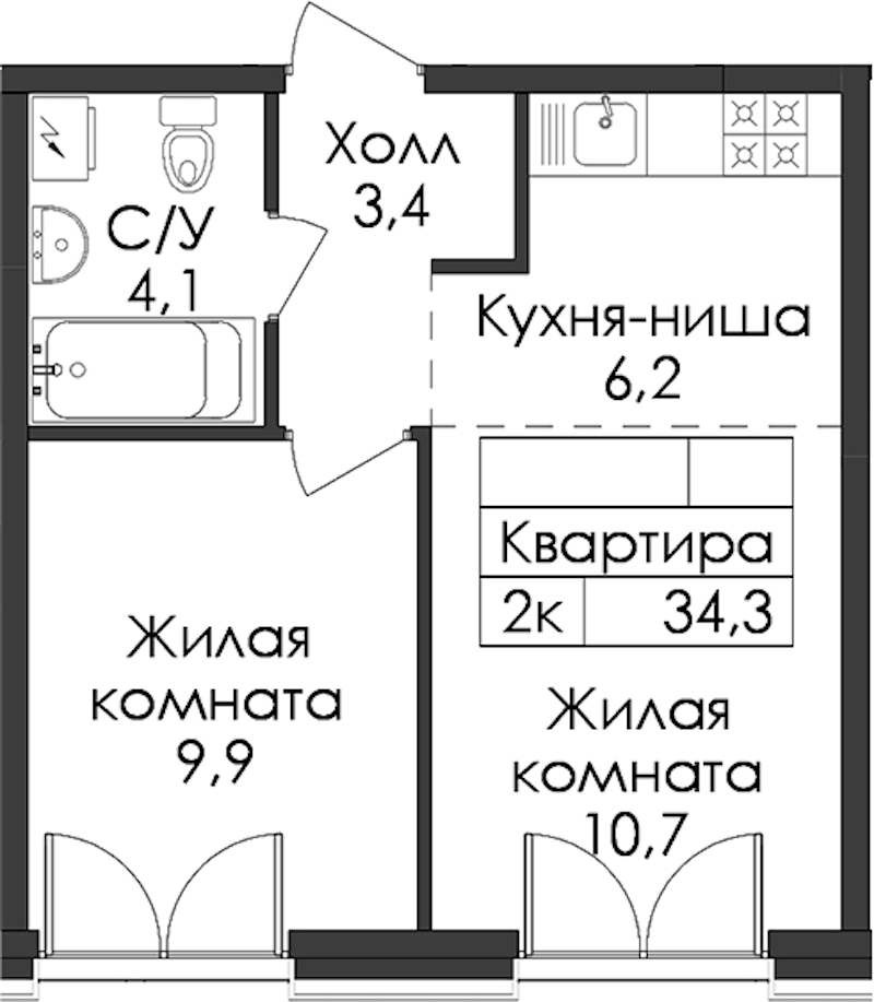 1-комнатная квартира 34.3 м², 2/9 эт., ЖК «Лермонтовский 54»
